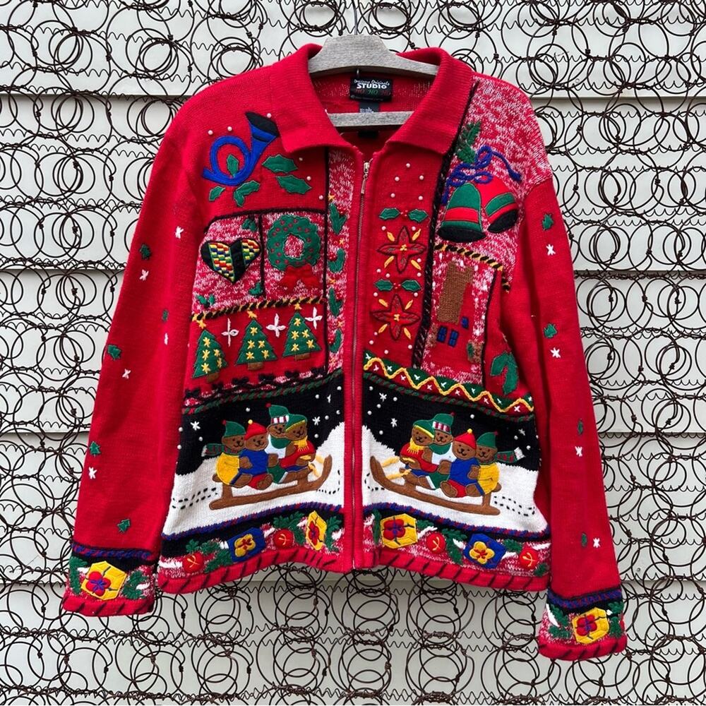 Vintage 90s Ugly Christmas sweater cardigan sledding teddy bears Americana bold